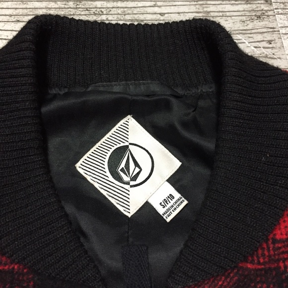 Volcom Plaid Wool Blend Bomber Jacket Women’s S Red Black Full Zip Lined - Picture 8 of 8